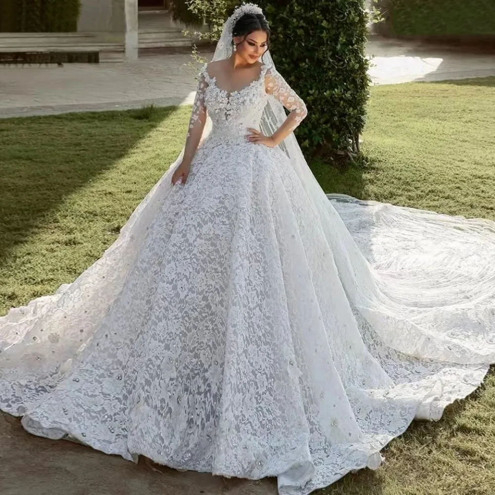 

Dubai Luxury Lace Wedding Dresses Princess Vintage Beaded Bridal Gowns Full Sleeves 2023 Marriage Saudi Arabic Vestido De Novia