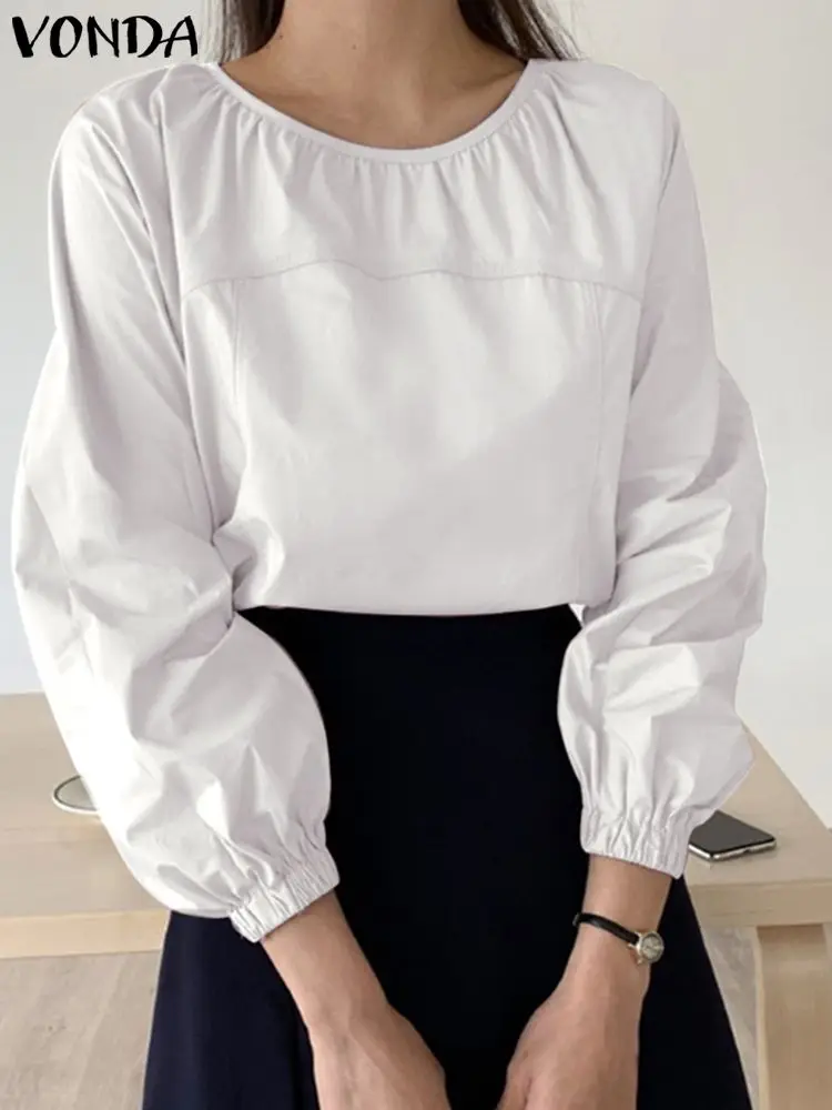 

Блузка VONDA женская с круглым вырезом, праздничная мешковатая с длинным рукавом, однотонная плиссированная рубашка в стиле пэчворк, с рукаво...