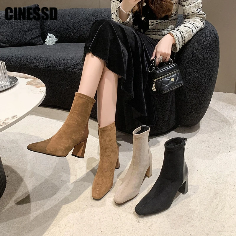 

Женские ботильоны из флока, Винтажные эластичные ботинки на Высоком толстом каблуке, на молнии, Осень-зима, 2023