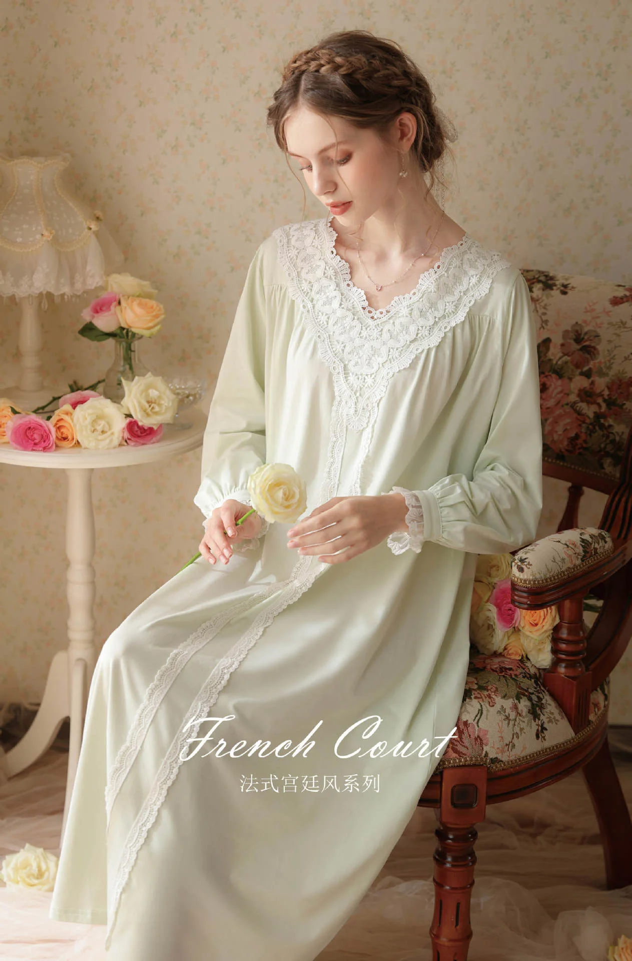 Long sleeve nightdress women's spring cotton court style sweet princess loose fitting home clothes large size can wear pajamas