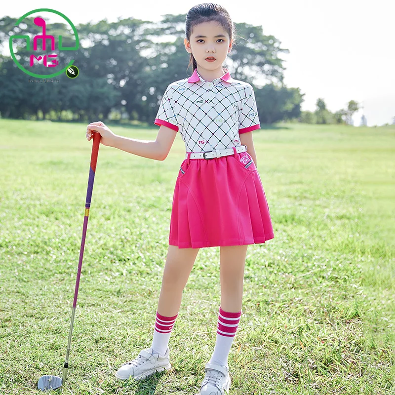 Set Clothes Girls Sports Wear Lattice Short Sleeve Polo Shirt Slim Fit Children Tennis Spring Skirt Rose Red Breathable