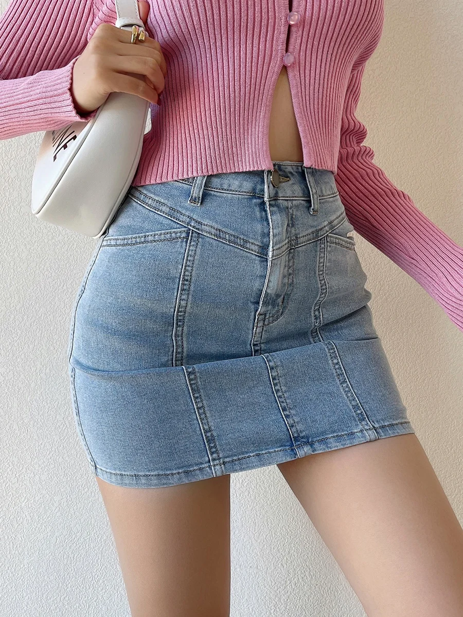 

New WOMONGAGA European Retro Street Style High Waist Stretch Washed Denim Mini Skirt Solid Color Tight A-Line Skirt T0TV