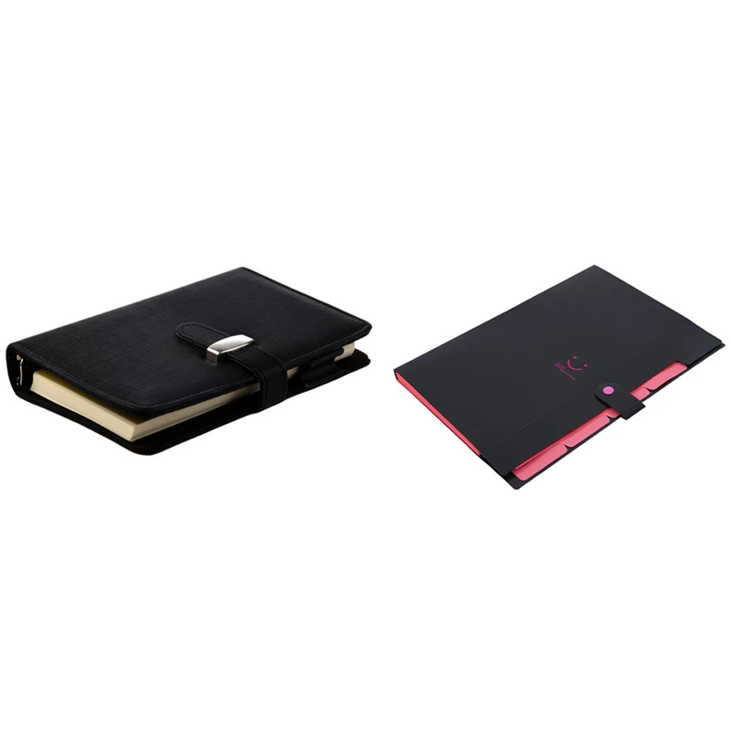 

Pocket Organiser Planner Leather Notebook Black With Plastic Expanding File Folders Accordion Document Organizer
