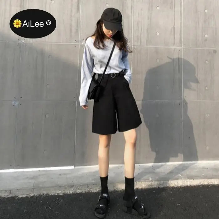 Knee Long Wide Leg Casual Women Shorts A-line High Waist Slim Summer Shorts Feminino Chic S M L Ladies Bottom Casual Street Wear