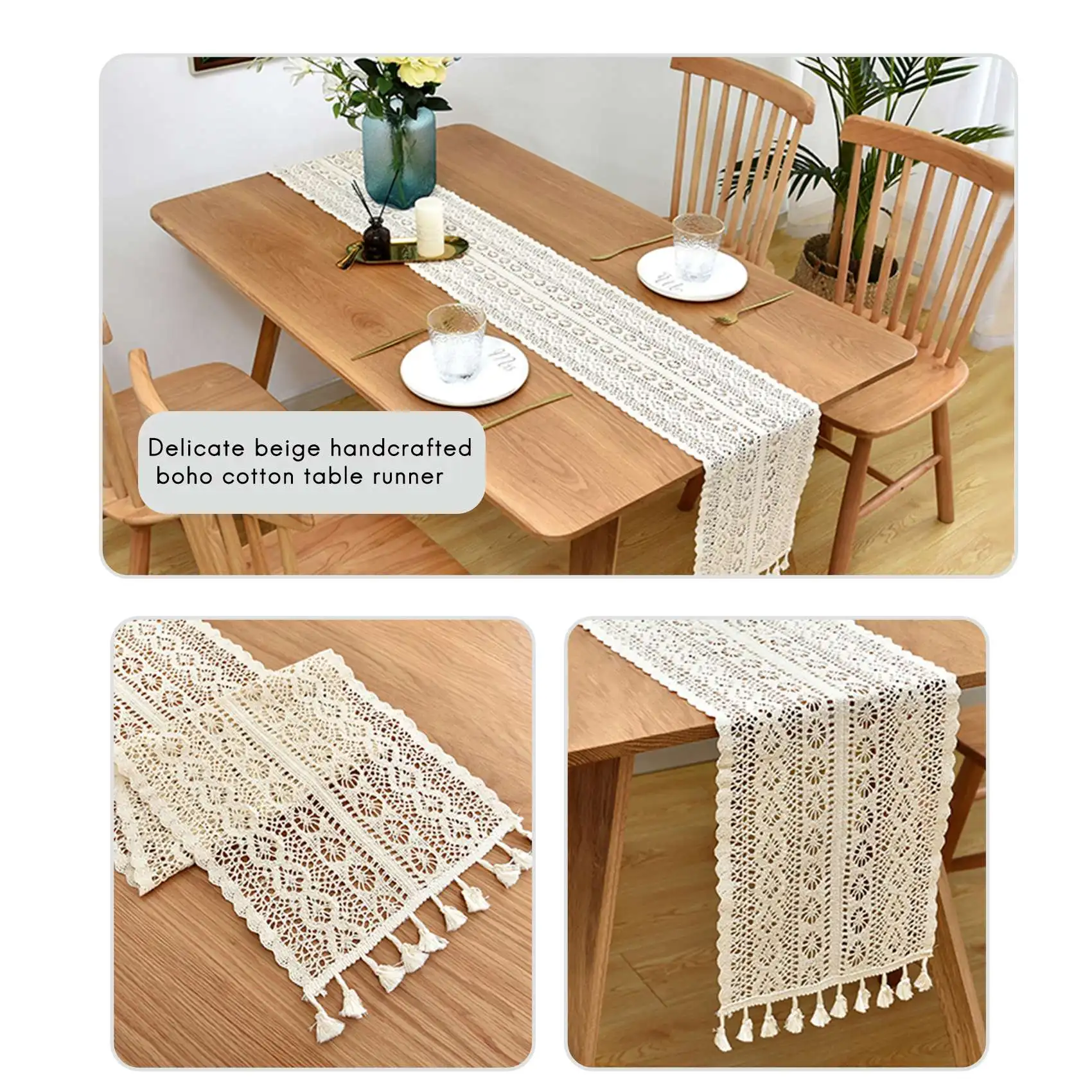 Элегантная кремовая вязаная кружевная скатерть макраме с кисточками для