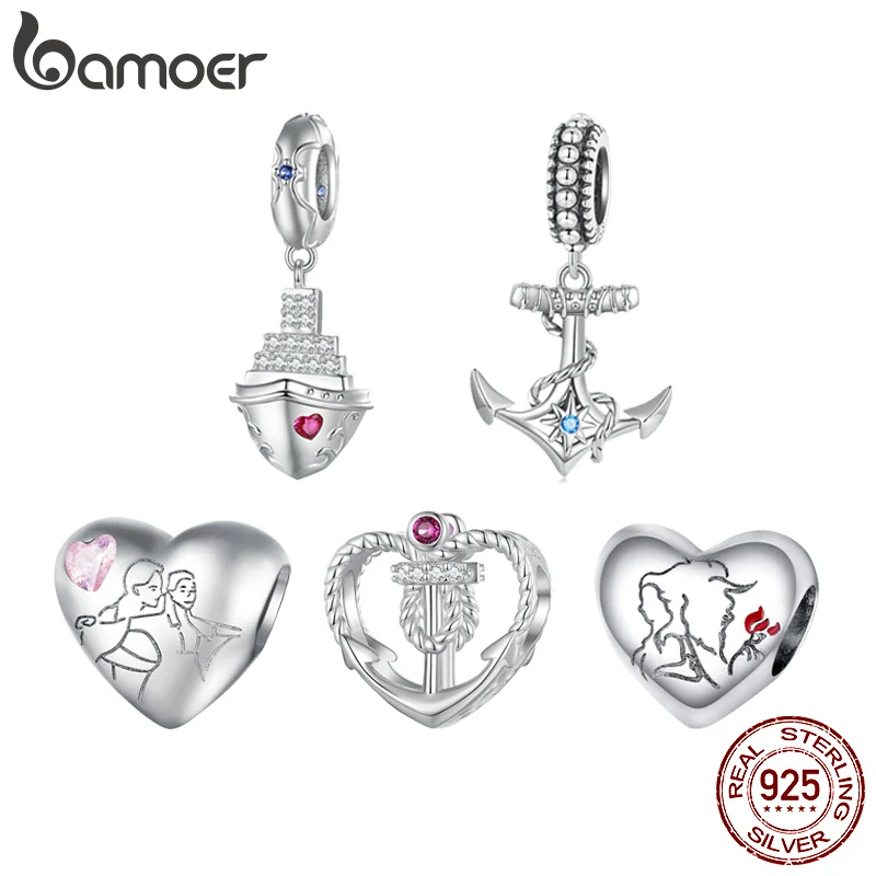 Bamoer 925 Sterling Silver Titanic Series Love Shape Beads Ship Anchor Charms for Women Bracelet Bangle DIY Valentine's Day Gift