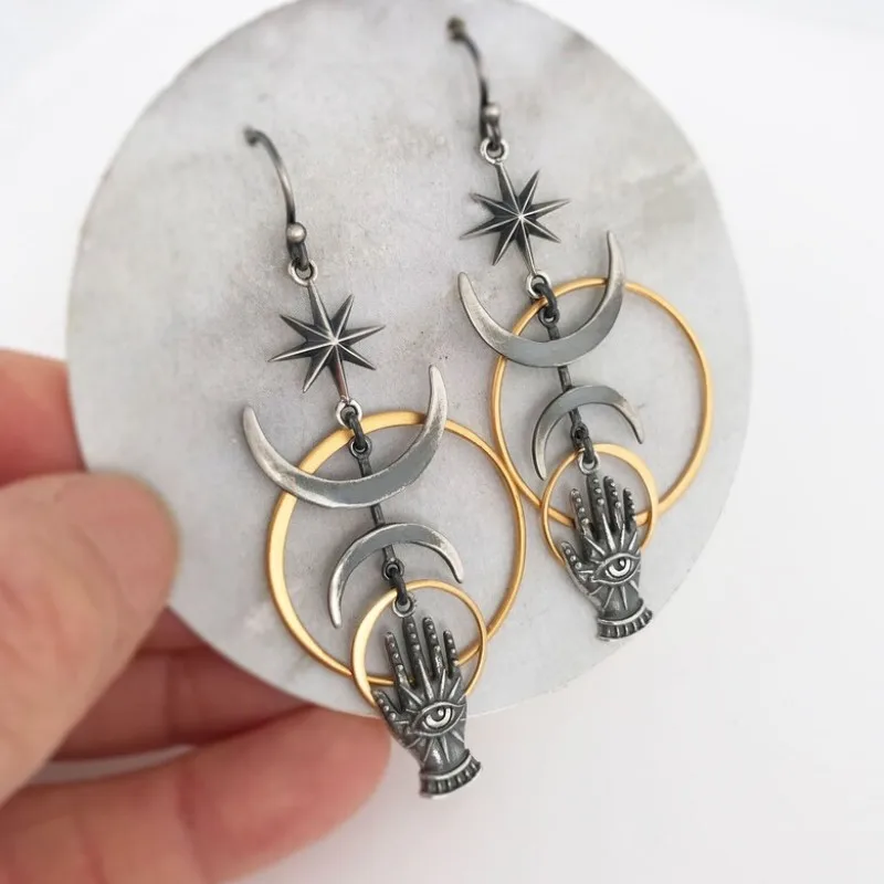 

2023 New Creative Star Moon Layered Circle Hand Rune Heart Eye Pendant Women's Bohemian Jewelry Earrings Accessories Gift