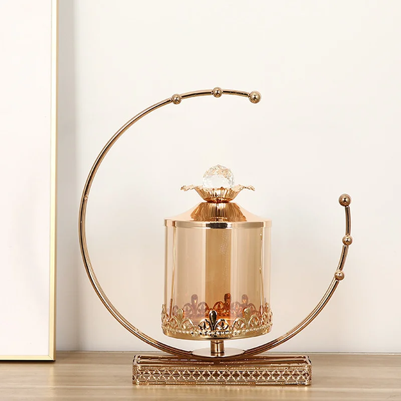 

Metal Glass Candy Jar Crescent Storage Bottle with Lid Delicate Jewelry Cosmetics Food Swab Box Crystal Candle Holder Home Decor