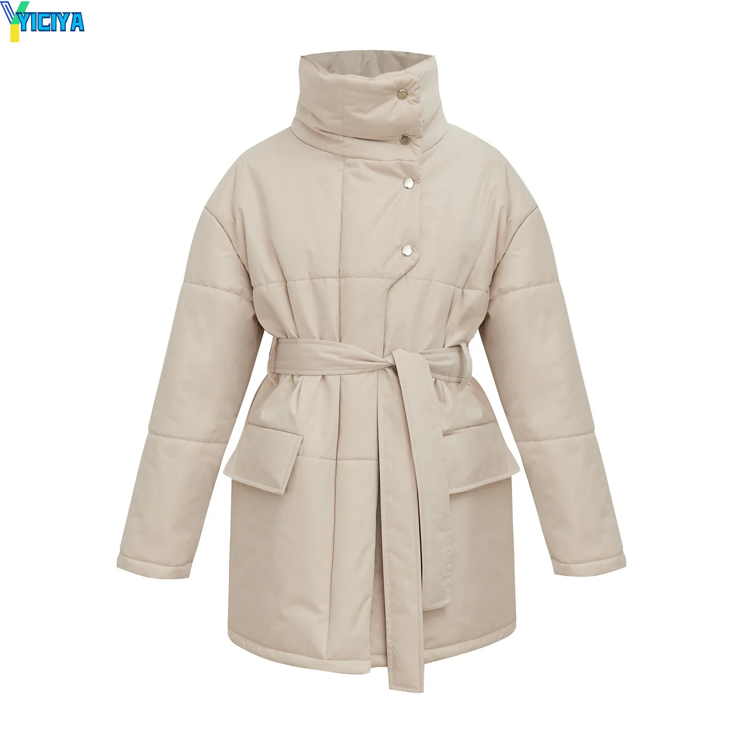 YICIYA Warm Winter Parkas For Woman 2023 Oversize Straight Thick Button Coats Casual Cotton Padded Jackets With Belt For Women