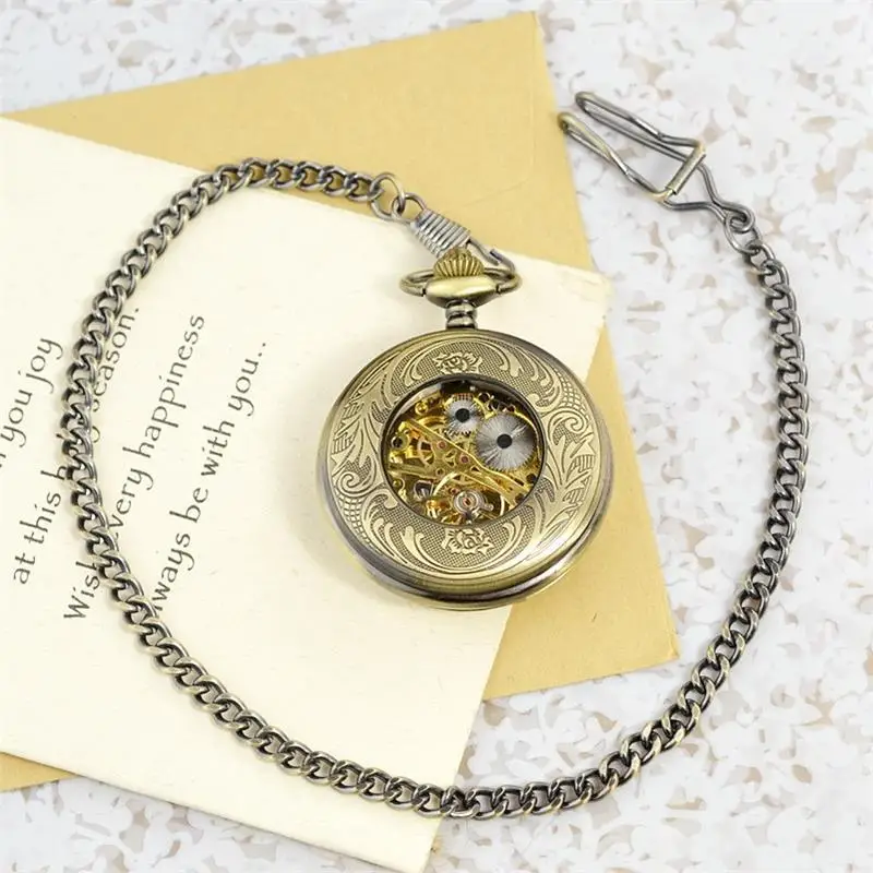 Luxury Mechanical Bronze Pocket Watch for Men Women Skeleton Dial Roman Numeral Dial Fob Chain Pendant Clock for Collection Gift