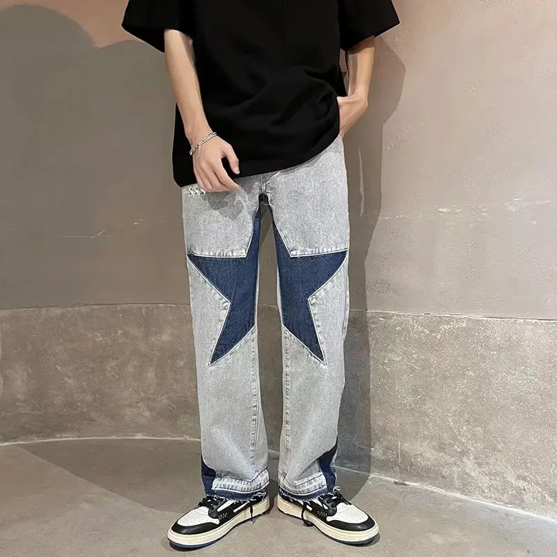 Casual Denim Trousers Harajuku Stars Embroidery Patchwork Straight Flare Jeans Y2k Pants Mens Retro Ripped Oversized Pantalones