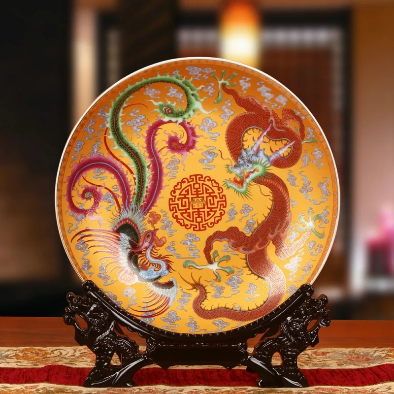 Керамика Цзиндэчжэнь, Золотое дно, процветание, доставленное драконом иискусственными цветами, диск, настенная тарелка, Современная китайскаястильная