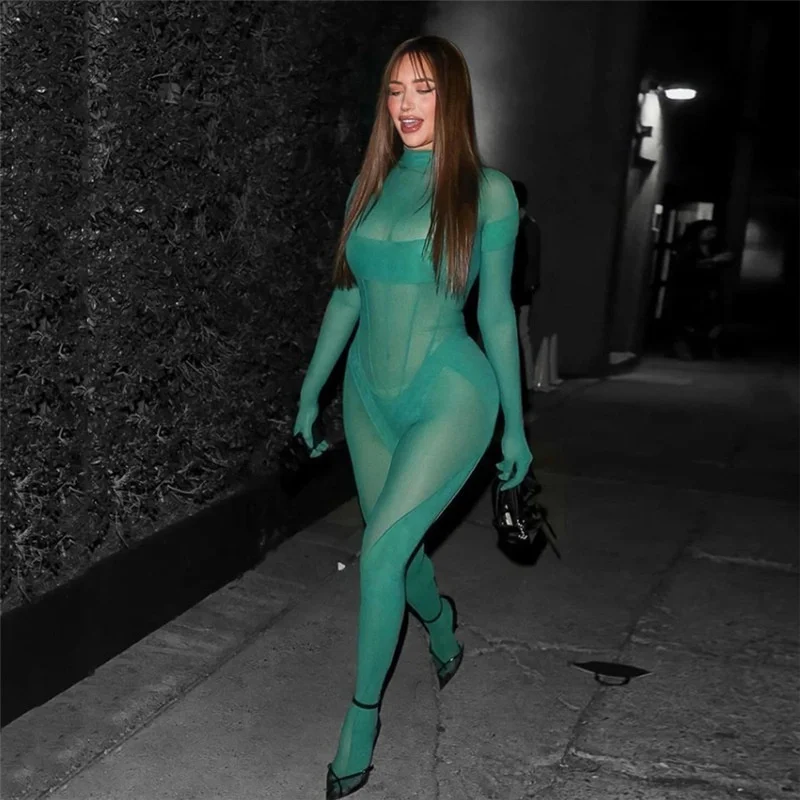 

Summer Women Sexy Outfits For Woman Sexy Mesh Perspective One Piece Ladies Bodysuit High Waist Slim Long Sleeved Jumpsuit