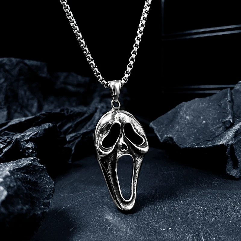 

Kpop Creative Exaggerated Ghost Face Skull Mask Pendant Necklace Stainless Steel Men's Vintage Necklace For Boy Punk Trendy Gift