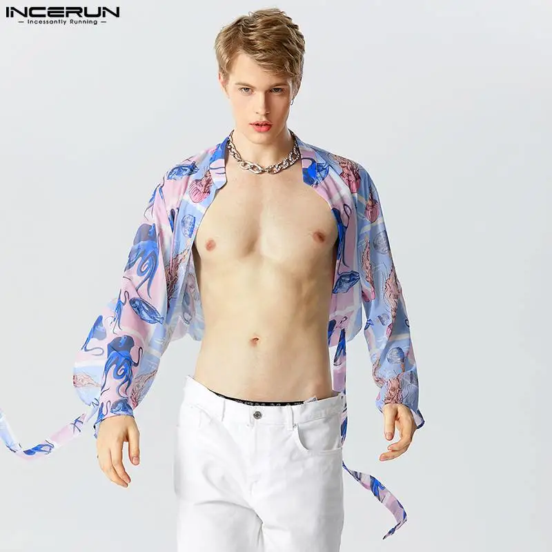 

INCERUN Men Shirt Printing Lace Up V Neck Long Sleeve Oversize Summer Cardigan Vacation Streetwear 2023 Fashion Hawaiian Camisas
