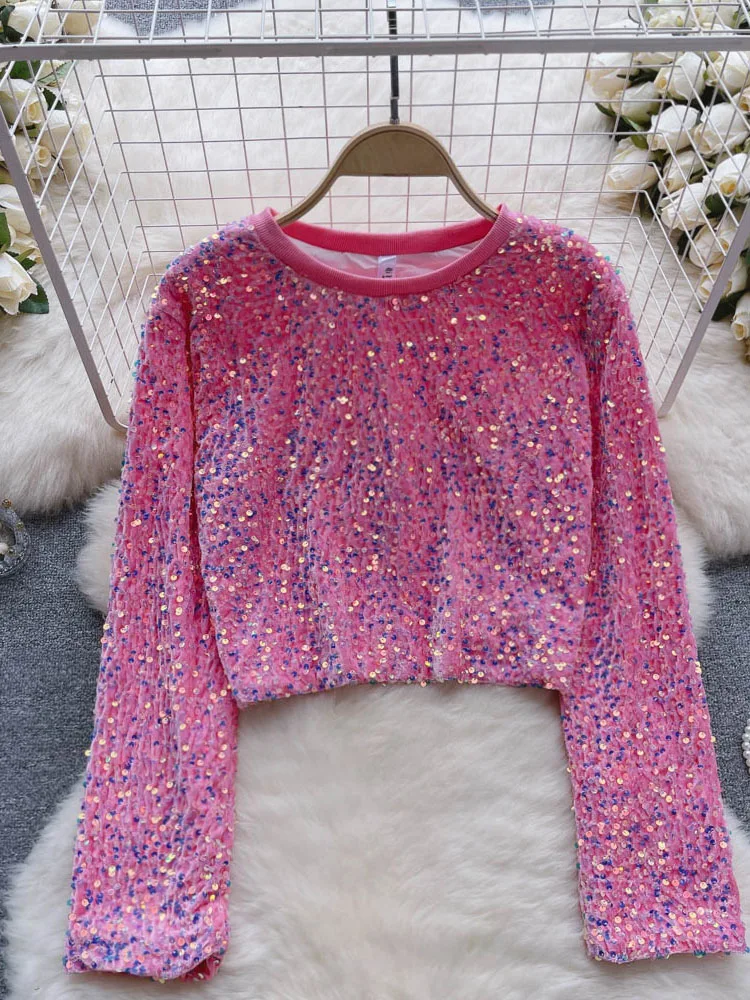 

Женская Весенняя блузка, винтажный сверкающий Топ с блестками и коротким рукавом с запахом, свободная Универсальная футболка с круглым вырезом D3528