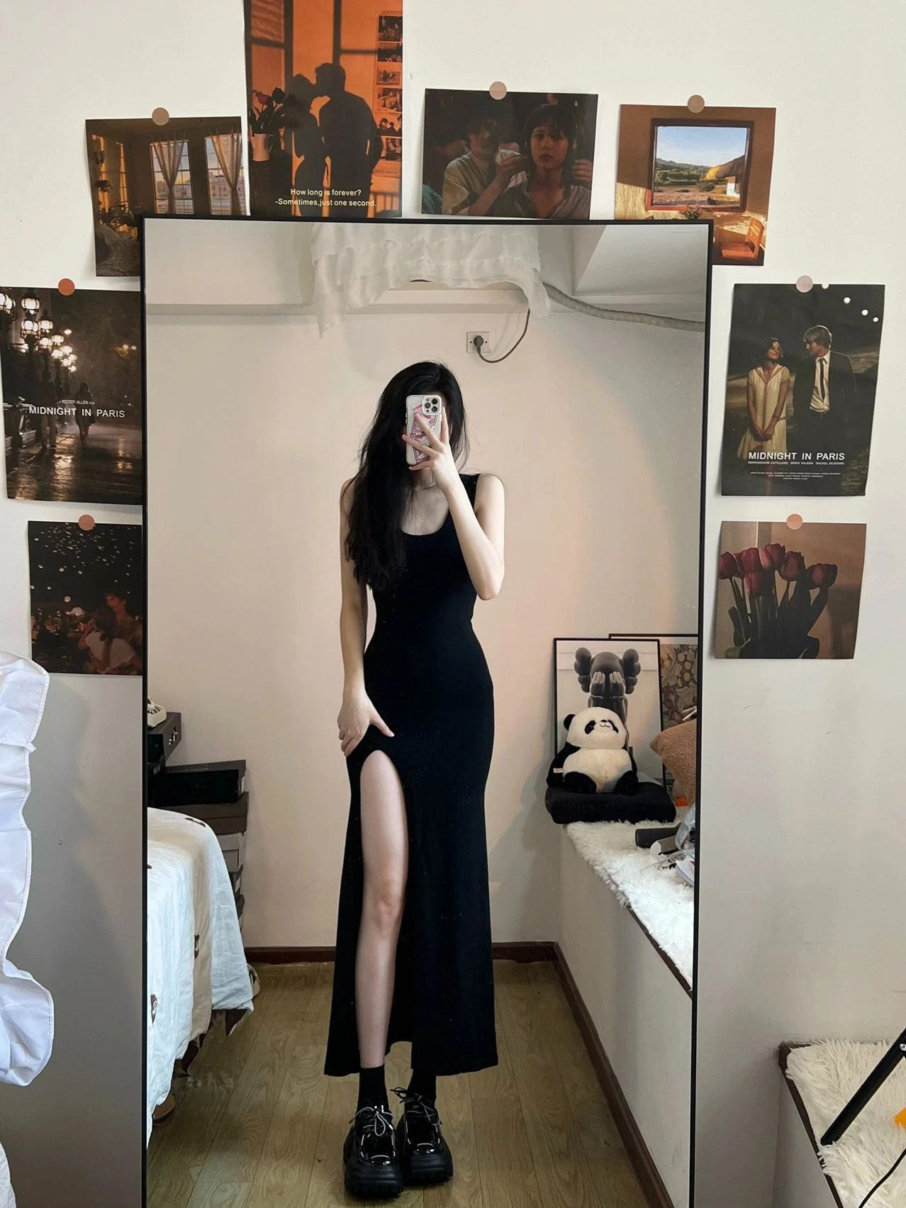 

Black Sleeveless Long Dress Women Korean Fashion Style Side Slit Irregular Mid Calf Sexy Sheath Solid Elegant Chic Summer