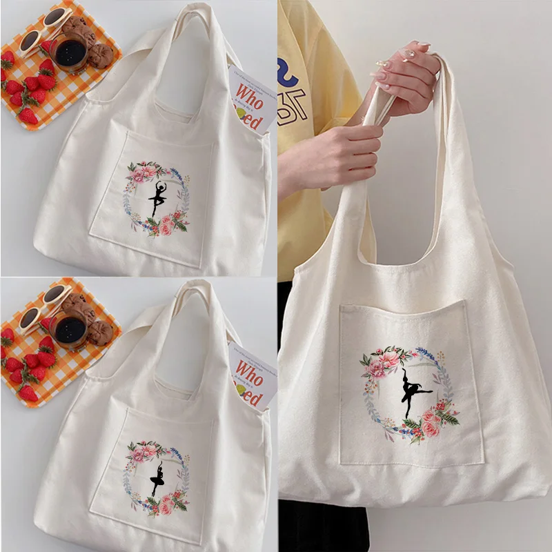 

Ballet Dancer Woman Canvas Bag Folding Shopping Bag Reusable Portable Shoulder Handbag for Travel Grocery Fashion Pocket Tote