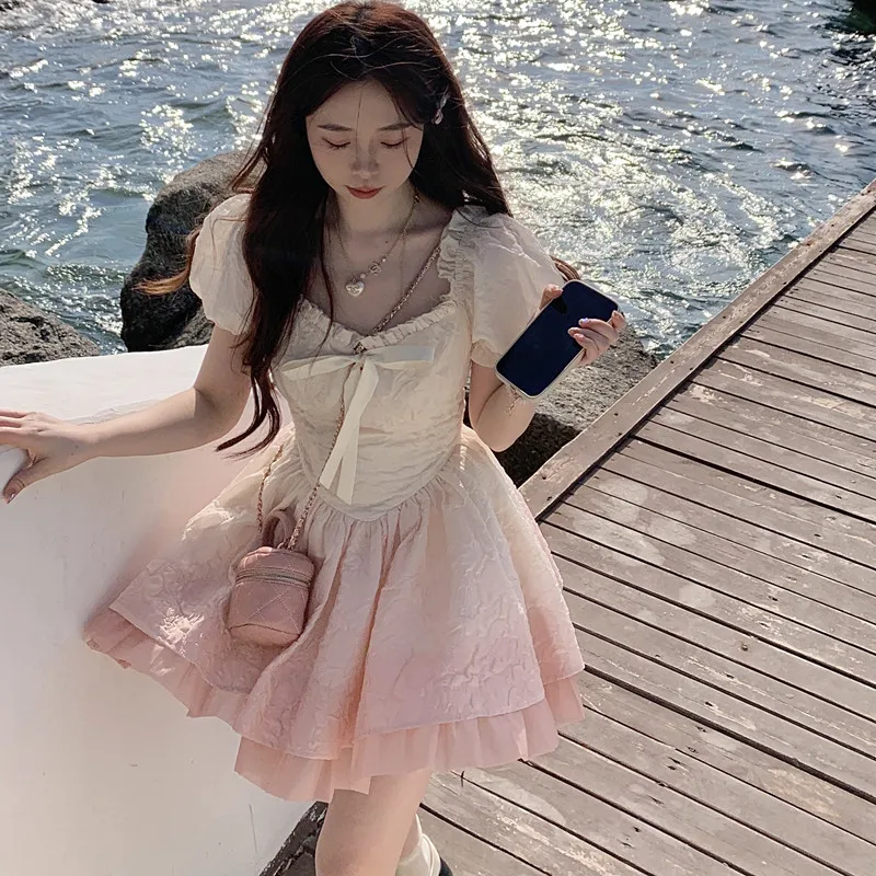 

Женское мини-платье в стиле Харадзюку, элегантное платье с коротким рукавом и высокой талией, милое платье в Корейском стиле, 2023