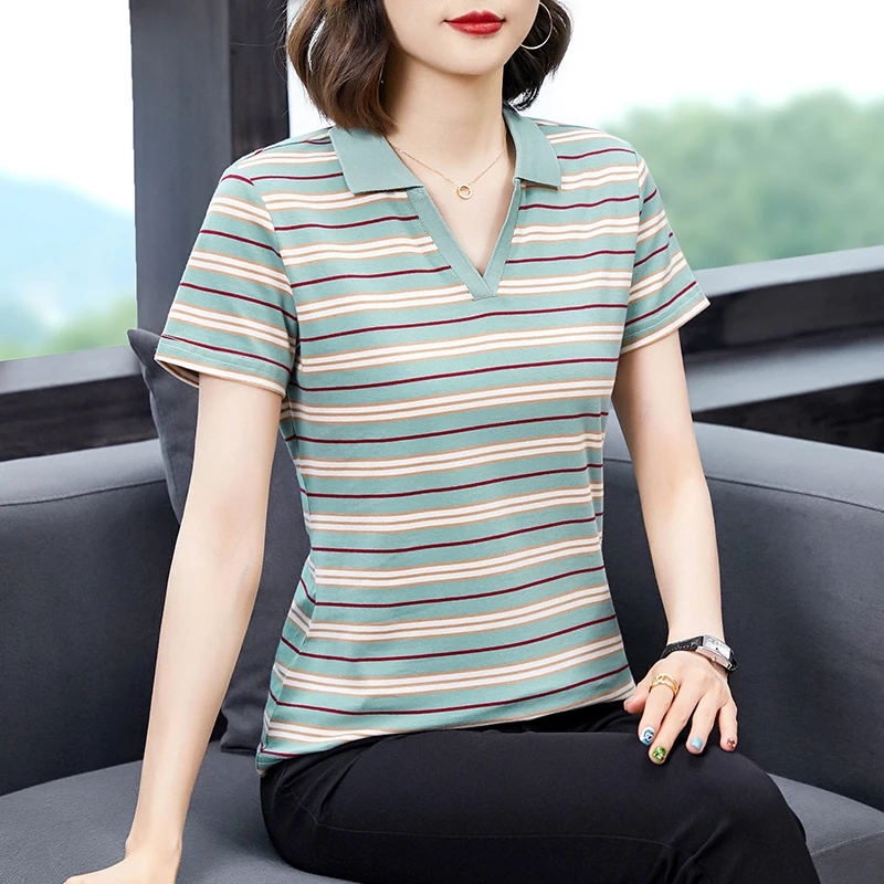

Summer Casual Sports Women's T-shirt Temperament V-Neck Cotton Striped Short Sleeve Cozy Loose Elegance Literary Female Tops