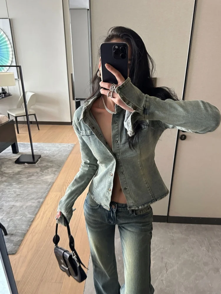 [YOZOU] винтажное приталенное стильное джинсовое пальто куртки женская рубашка