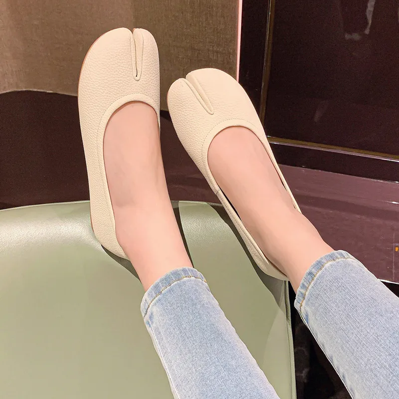 Genuine Leather Flats Women Split Toe Round Shoes 2022 Autumn New Apricot Beige Black Comfortable Soft Slip On Sapatos Femininno