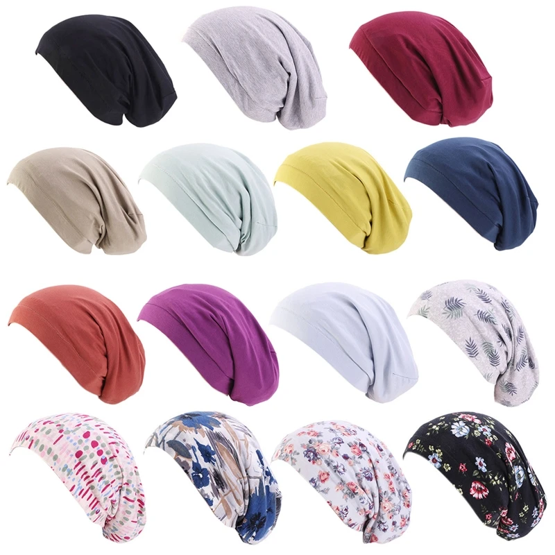 

Women Lined Sleep Cap Solid Color Floral Print Hair Loss Chemo Headwrap Elastic Wide Band Slouchy Beanie Slap Hat