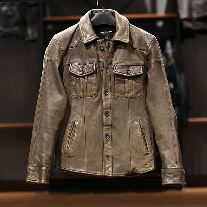 Мужская кожаная ветровка с воротником-рубашкой