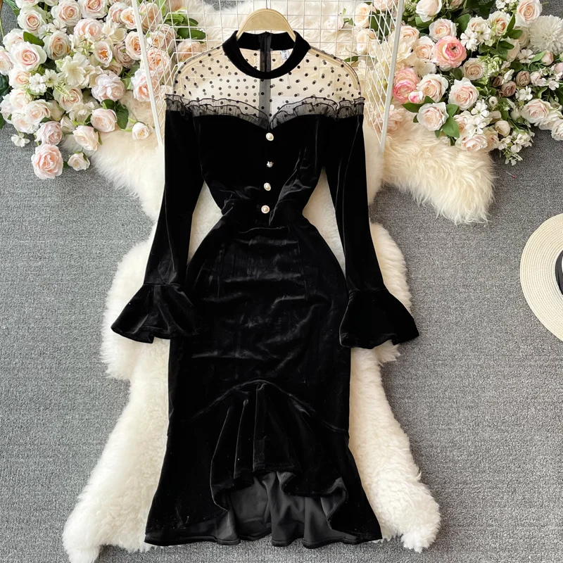 

Женское платье знаменитости, французское роскошное Сетчатое платье средней длины с разрезом, бархатные вечерние платья-годе