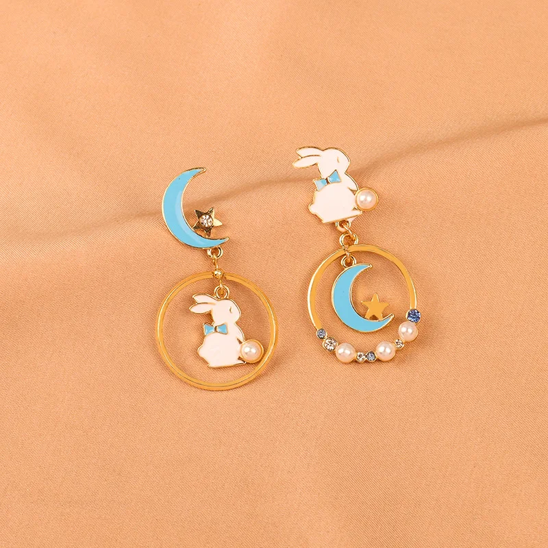 

Cute Fashion Asymmetric Cat Rabbit Moon Star Stud Earrings For Women Girls Fan Flower Heart Fish Eardrop Wedding Dangle Jewelry
