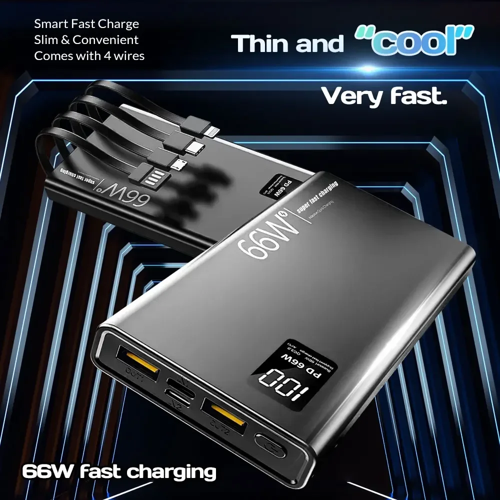 Фото Power Bank 100000 мАч для Xiaomi iPhone Samsung 66 Вт, сверхбыстрая зарядка для 22,5 Вт, встроенный 4 кабеля, портативный цифровой внешний аккумулятор №3