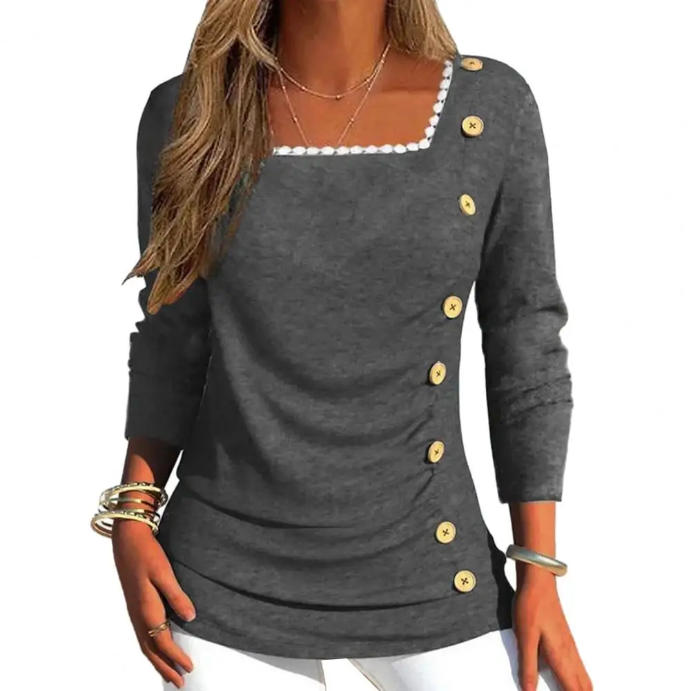 

Lace Neckline Blouse Chic Autumn Blouses Slim Fit Lace Neckline Pleated Design for Women's Streetwear Fashion Elegant Square