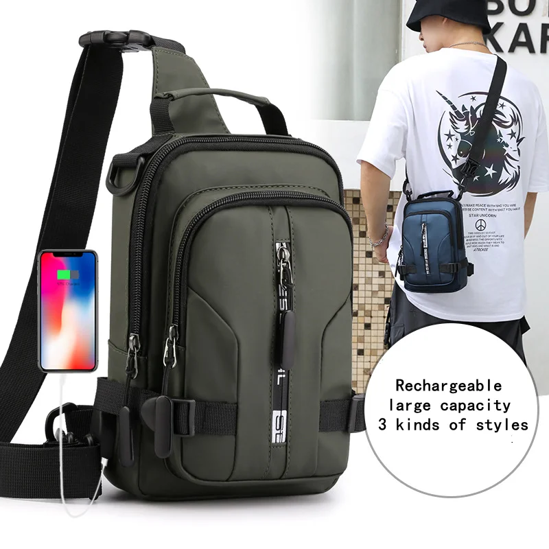 Fashion Oxford Cloth Waterproof Multi-pocket Backpack for Men Soft  Ultra Light USB Charging Chest Bag Can Fit an Ipad Mini