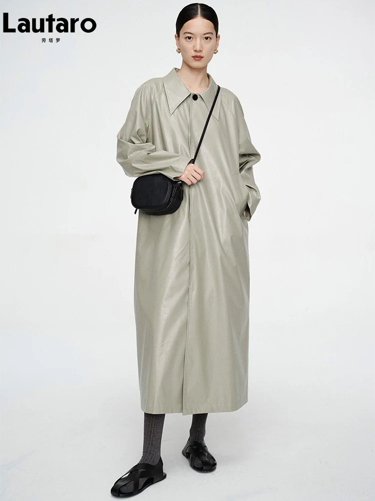 Lautaro Осень Длинный Оверсайз Светло-Зеленый Pu Кожаный Тренч Для Женщин с Рукавом