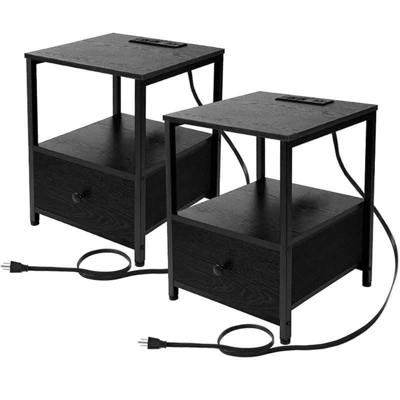 

End Side Table with USB Ports & Power Outlets, Bedside Table with Storage Drawer 2 Piece Set Black US Plug