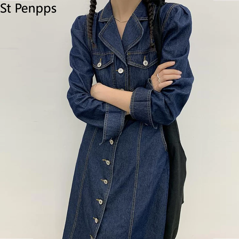 Винтажное Синее джинсовое платье для женщин весеннее длинное с отложным