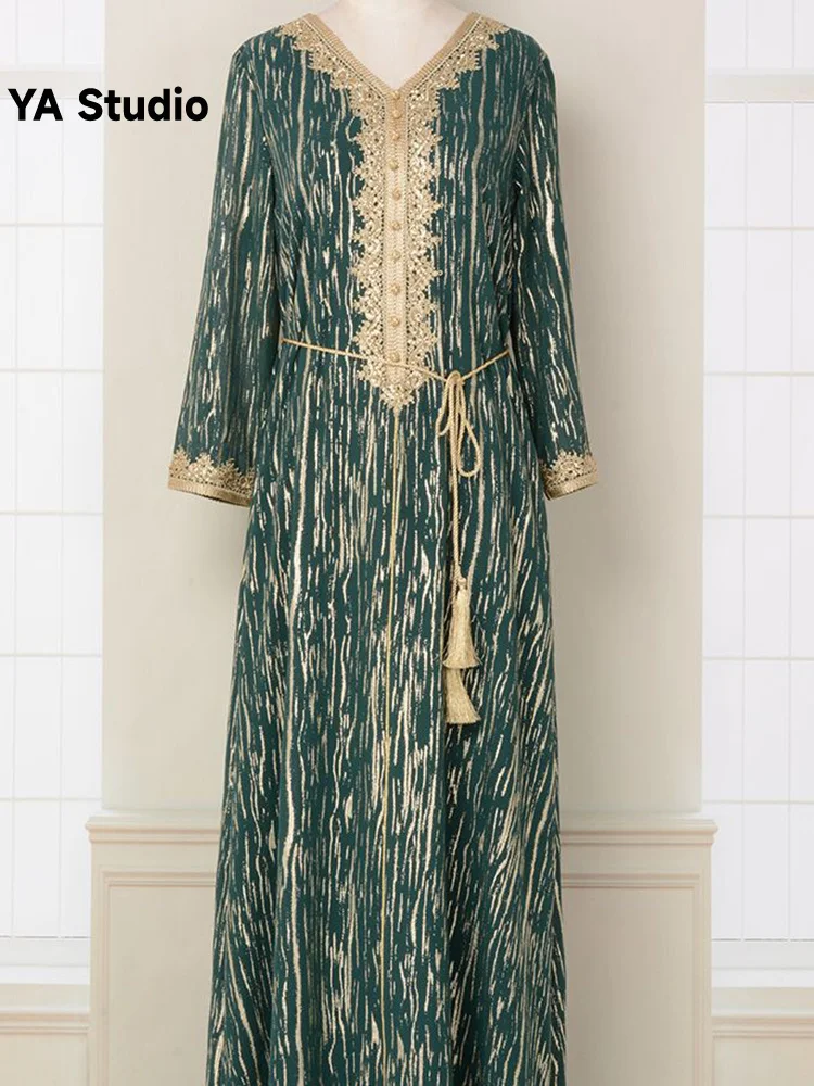 

[YA Studio] MT086 Muslim Abaya Women's Dress V-neck Slim Fit Bottom Fabric Gold Stamping Fashion High End Robe
