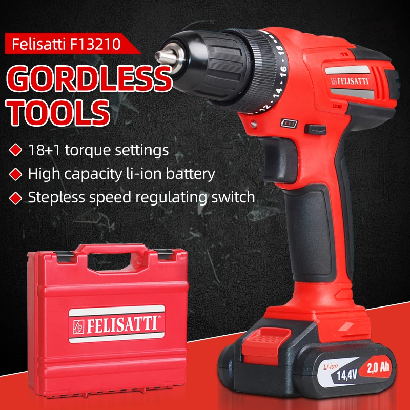 

Felisatti Li-ion Battery 14.4V Electric Drill Kit Brushless Motor Cordless Drill Screwdriver With 2.0Ah Lithium Battery F13210