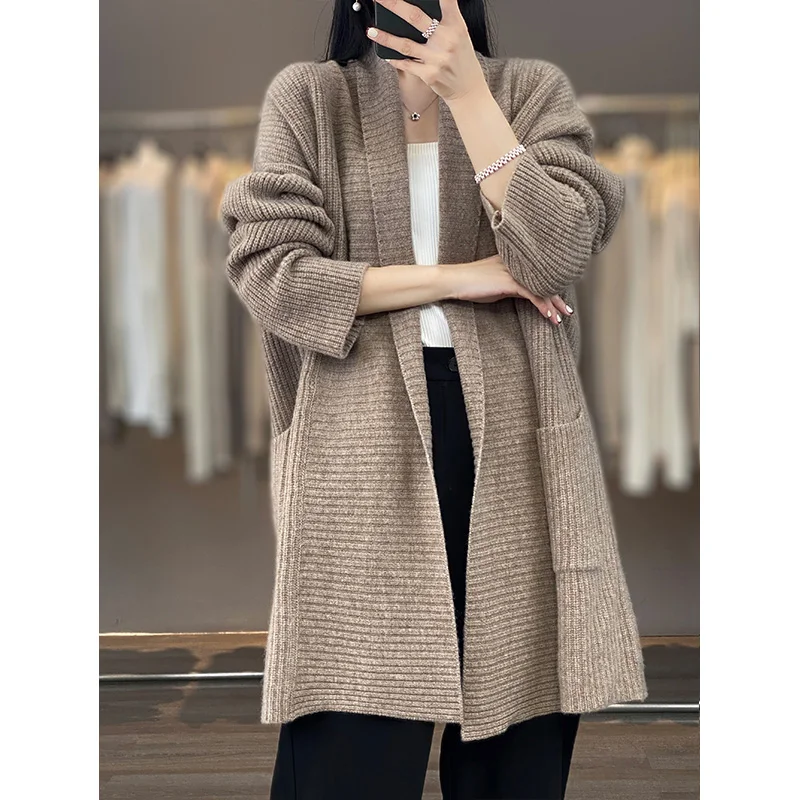 New Women's Woolen Cardigan Loose Thickened Knitted Sweater 100% Pure Woolen Coat Versatile Coat