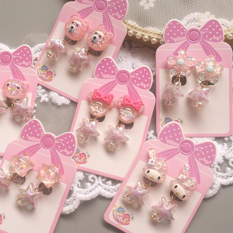 

Cute Rabbits Cats Flowers Stars Clip on Earrings for Kids Girls Earrings Jewelry No Pierced Children Birthday Clip On Earrings
