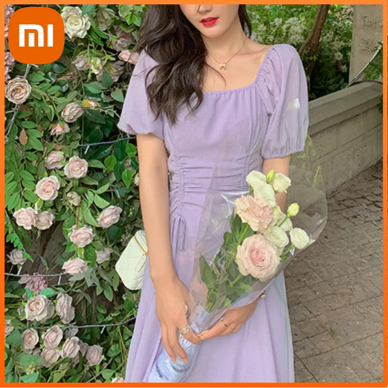 

Xiaomi Evening Party Elegant Piece Dress Korean Summer Beach Elegant Dress Women Puffer Sleeve Sweet Pure Collor Dress Female
