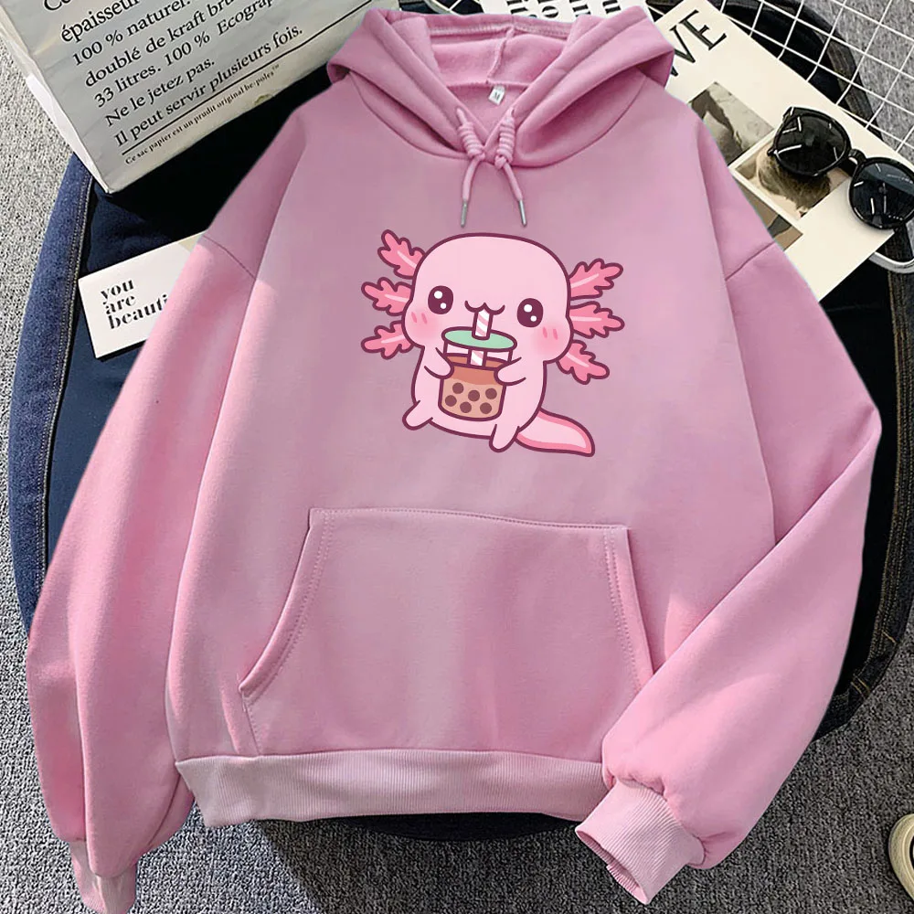 Розовые толстовки с капюшоном Axolotl Eating Bubble Boba Milk Tea зимние рисунком из мультфильма