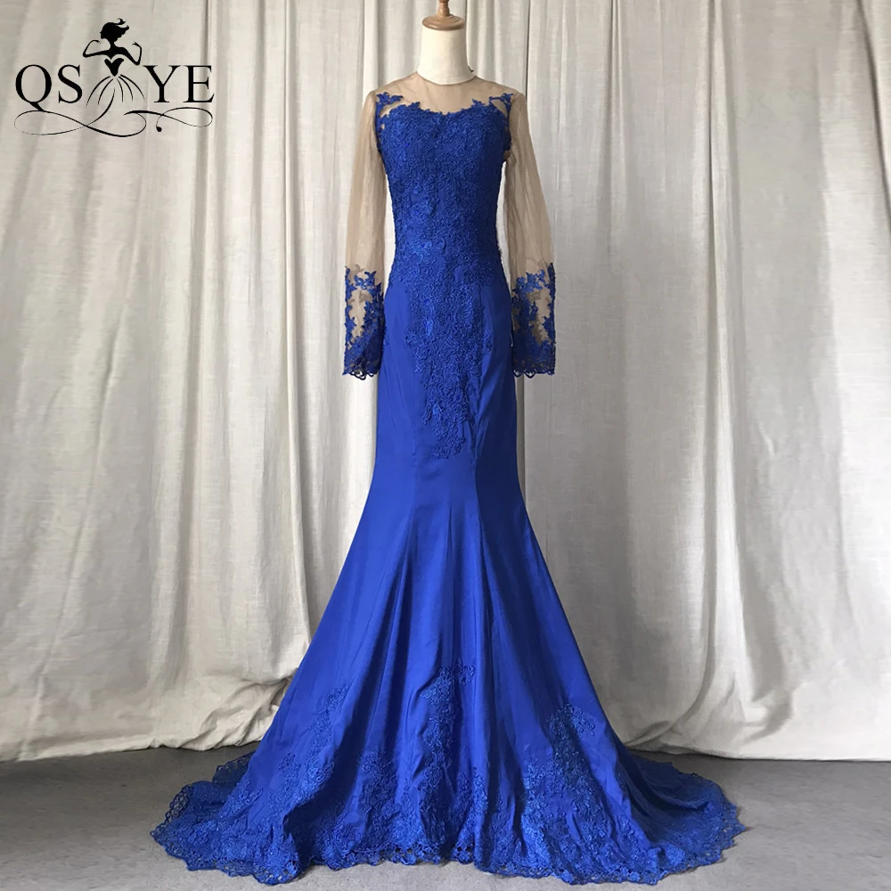 

Royal Blue Mermaid Prom Dresses Appliques Lace Long Sleeves Evening Gown Round Neck Women Fitted Formal Party Dress Long Tail