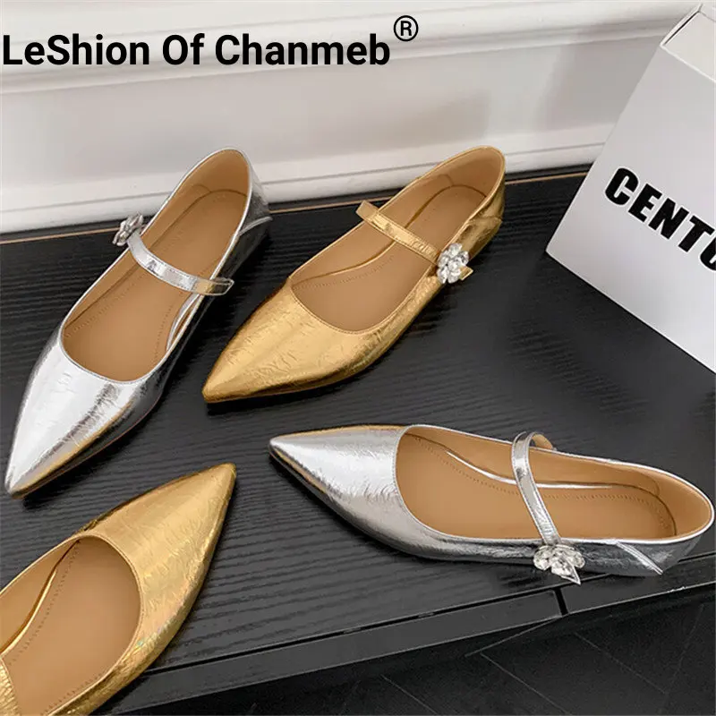 

LeShion Of Chanmeb Women Crystal Mary Jane Flat Shoes Gold Silver Pointy Toe Flats Ladies Daily Comfort Footwear 2023 Spring New