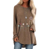 2022 new casual floral print raglan sleeves long sleeved round neck loose t shirt stitching women polyester springautumn