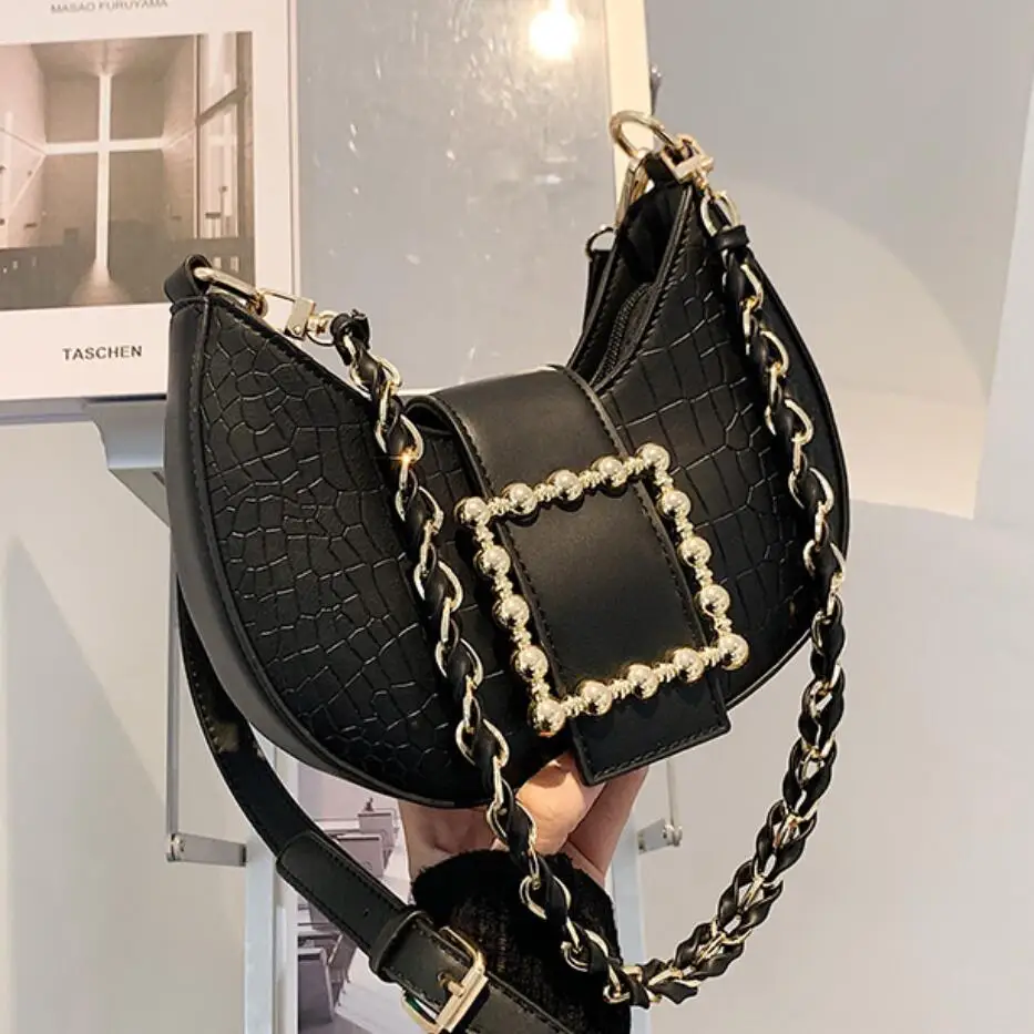 

Crocodile pattern Saddle bag 2021 Fashion New High quality PU Leather Women's Designer Handbag Chain Shoulder Messenger Bag