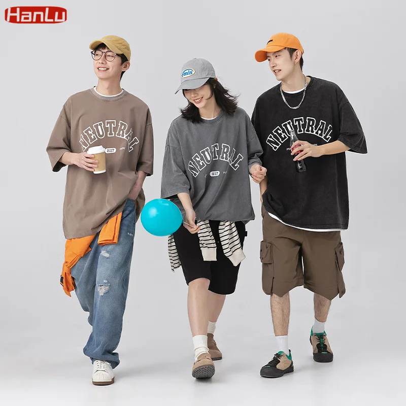 

Unisex Cotton Washed T Shirts 2023 Vintage High Street Japanese Style Fashion Mens Black T-Shirts Y2k Tees New Couple Tops