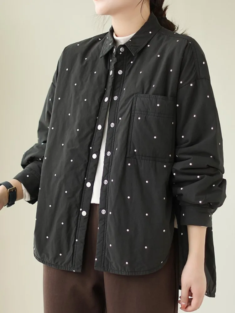 Осеннее стеганое хлопковое пальто большого размера женское в горошек с принтом