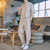 2021new chinese style cotton and linen short sleeve suit printingtt shirt tang suit short sleeved trousers two piece set one pie