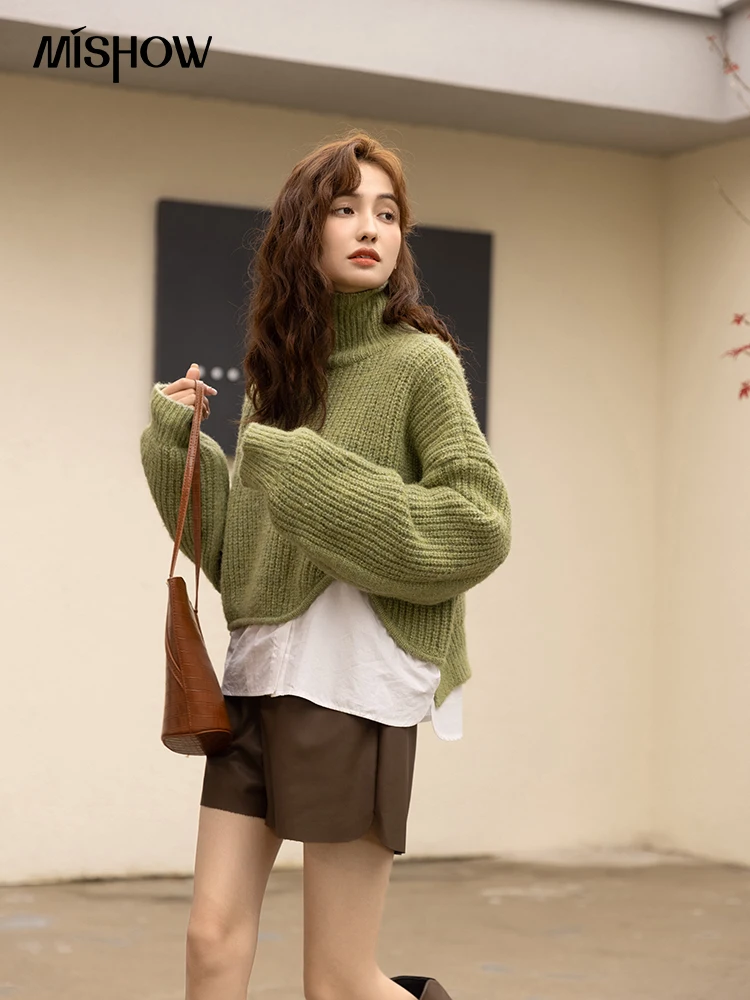 

MISHOW Patchwork Sweater Woman 2022 Autumn Winter Korean Fashion Turtleneck Knitted Pullover Casual Loose Knitwears MXB46Z1127